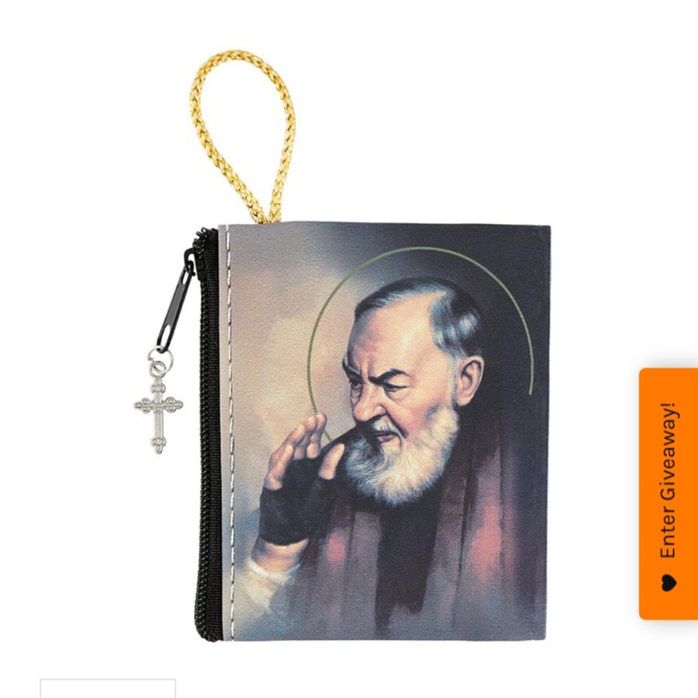 Padre Pío St Pío Faux leather Rosary case pouch with gold cord loop and cross
